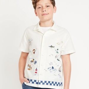 Old Navy Boys Camp Collar Resort Shirt | Travel Map Print | Blue Checker Trim |